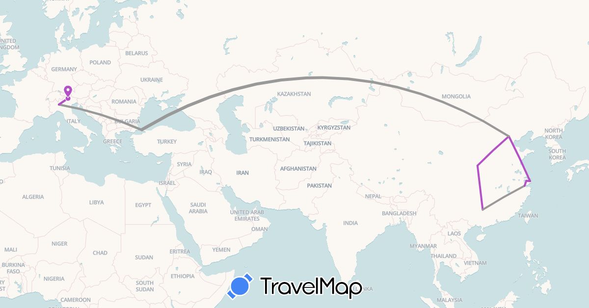 TravelMap itinerary: driving, plane, train in China, Italy, Turkey (Asia, Europe)