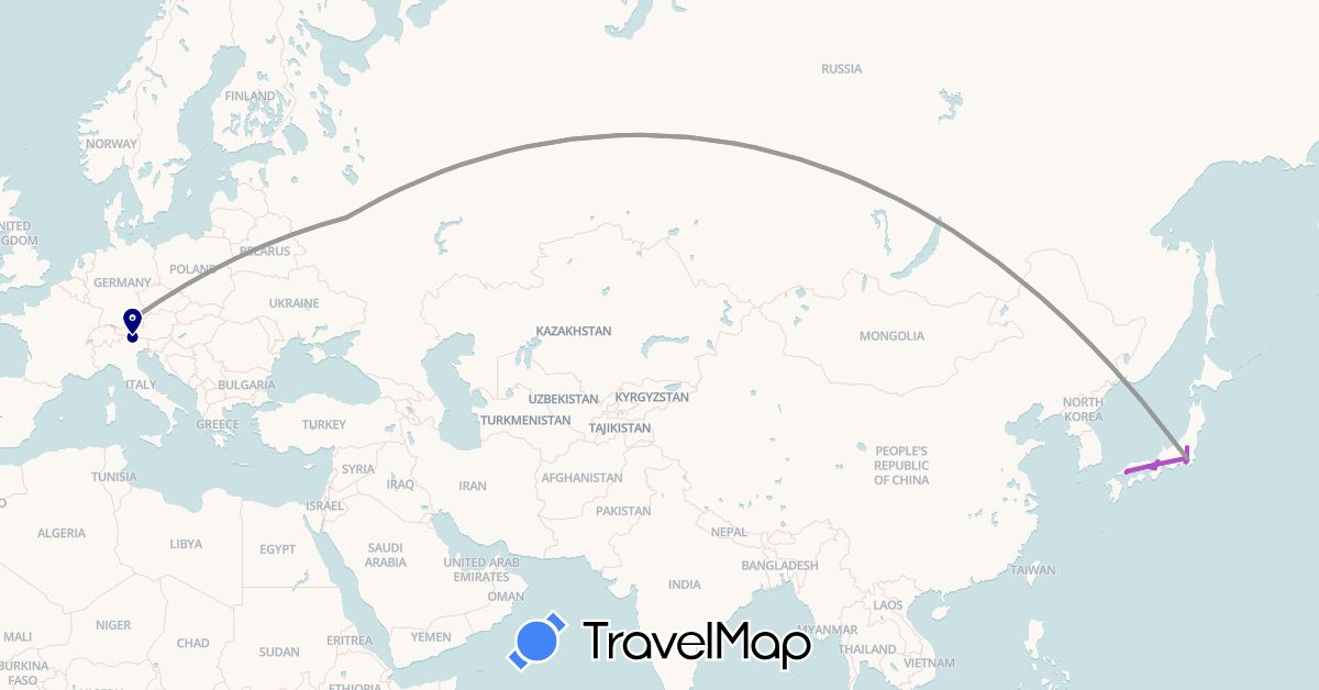 TravelMap itinerary: driving, plane, train in Germany, Italy, Japan, Russia (Asia, Europe)