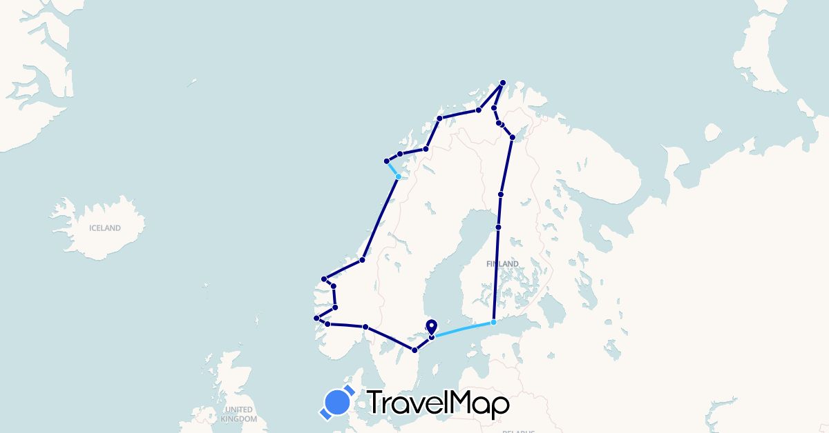 TravelMap itinerary: driving, plane, boat in Finland, Norway, Sweden (Europe)