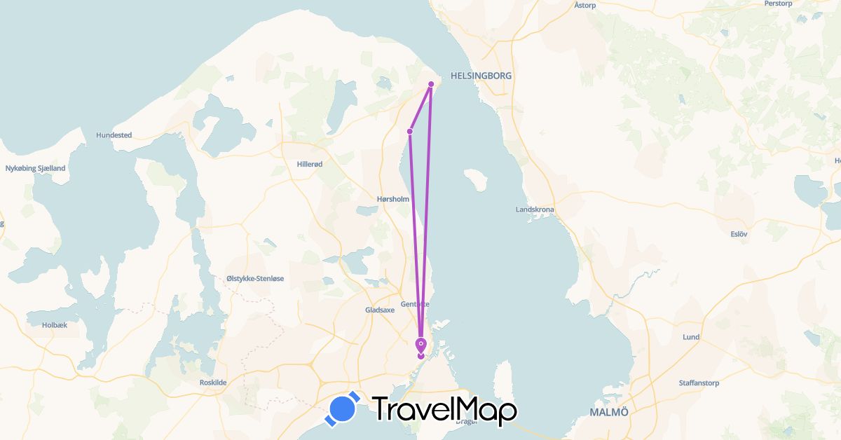 TravelMap itinerary: plane, train in Denmark (Europe)