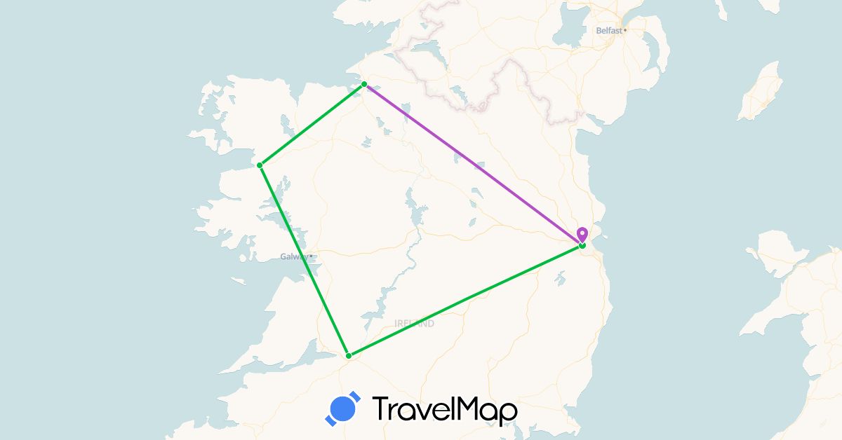 TravelMap itinerary: bus, plane, train in Ireland (Europe)