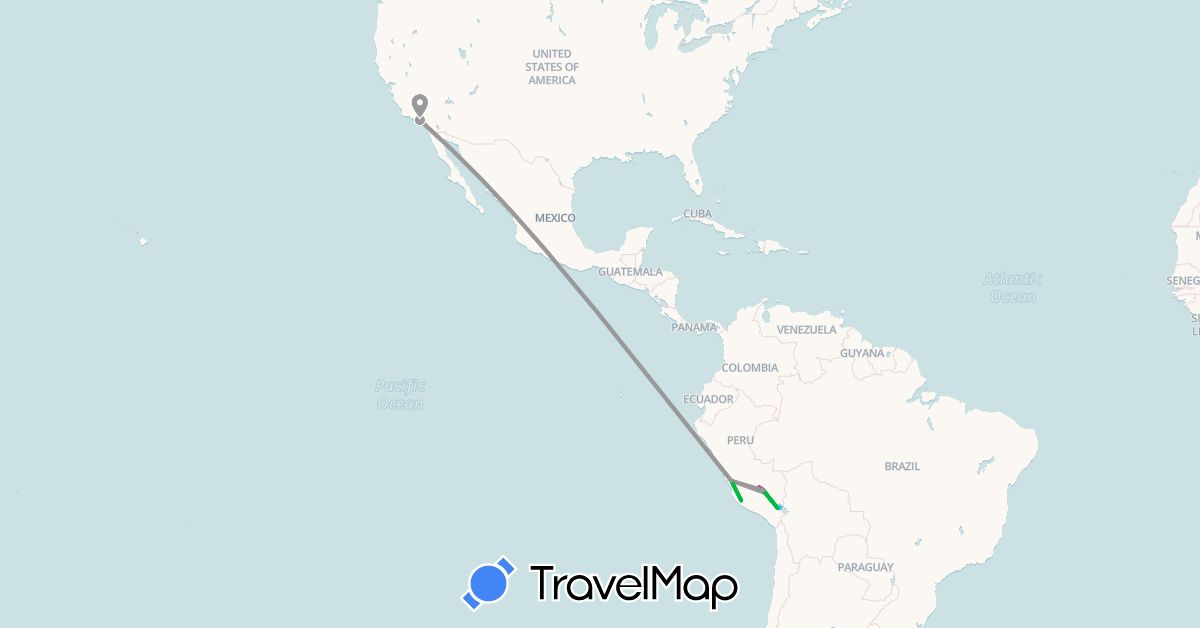 TravelMap itinerary: driving, bus, plane, train, hiking, boat in Peru, United States (North America, South America)