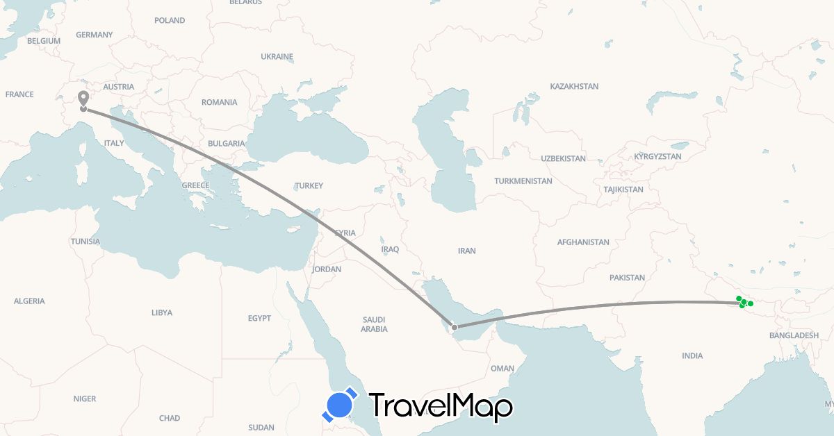 TravelMap itinerary: driving, bus, plane in Italy, Nepal, Qatar (Asia, Europe)