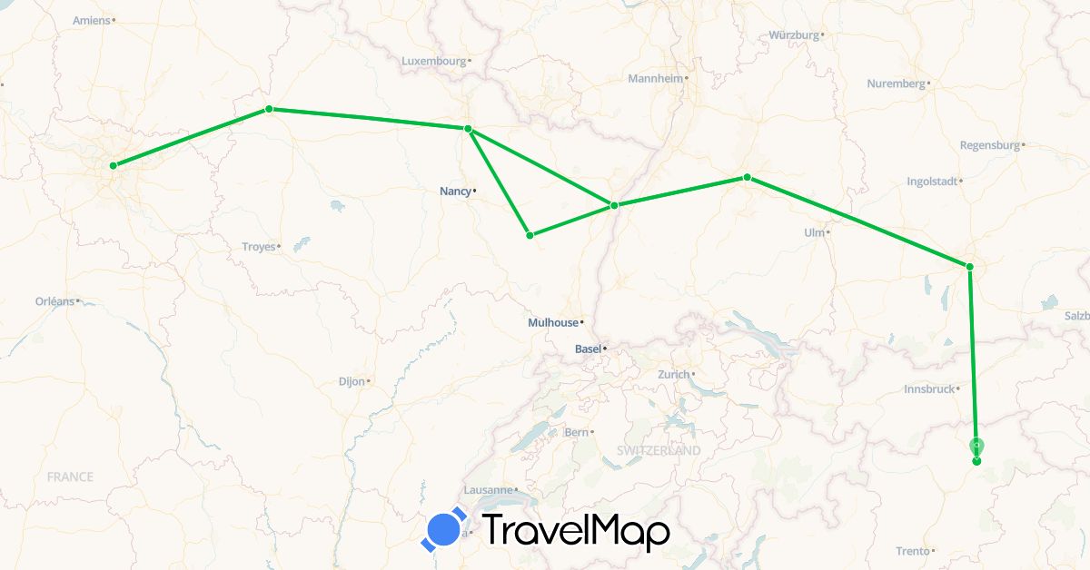 TravelMap itinerary: driving, bus in Germany, France, Italy (Europe)