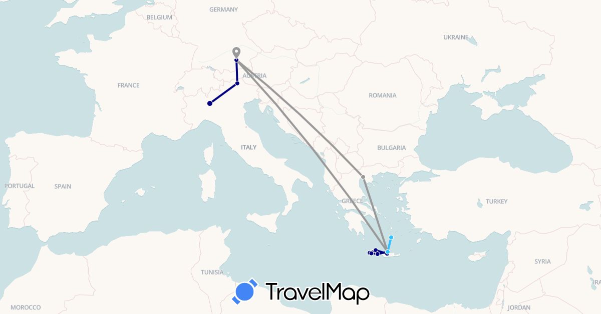TravelMap itinerary: driving, plane, boat in Germany, Greece, Italy (Europe)