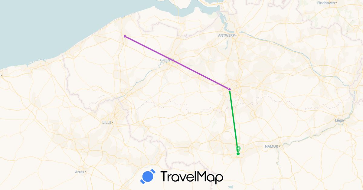TravelMap itinerary: bus, plane, train in Belgium (Europe)